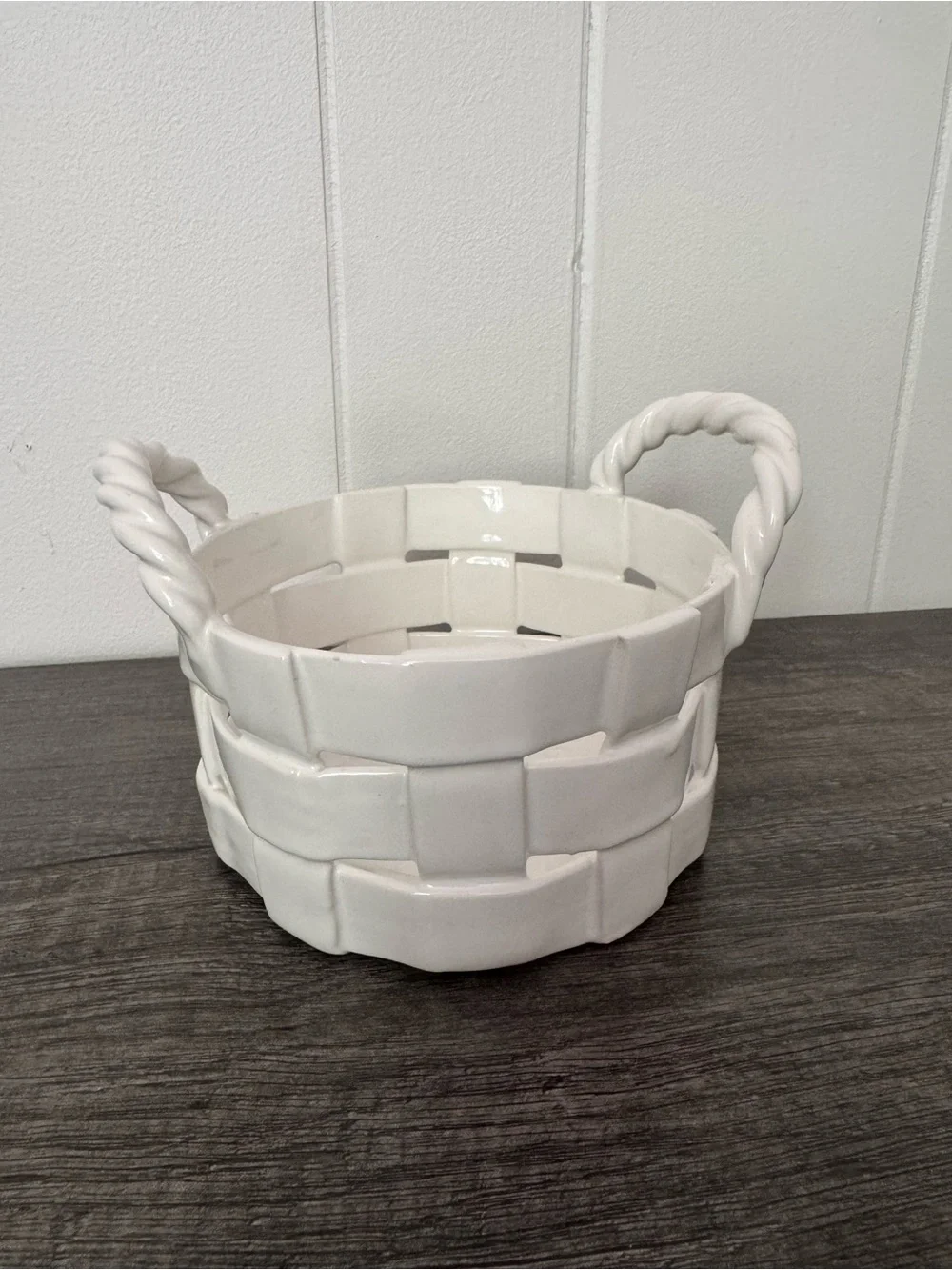 White Ceramic Woven Basket with Twisted Handles